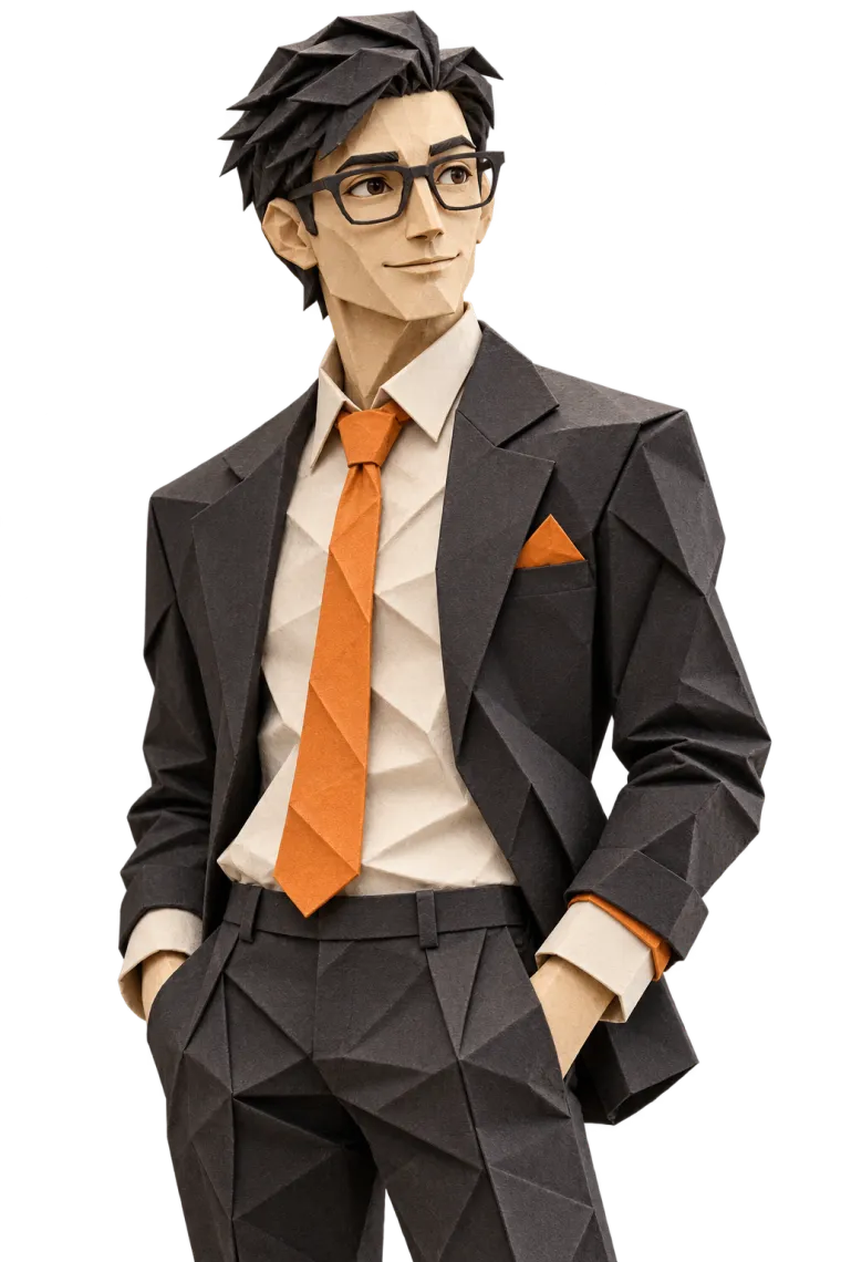 Paper-folded origami figure of a man in a dark suit and orange tie, smiling with his hands in his pockets