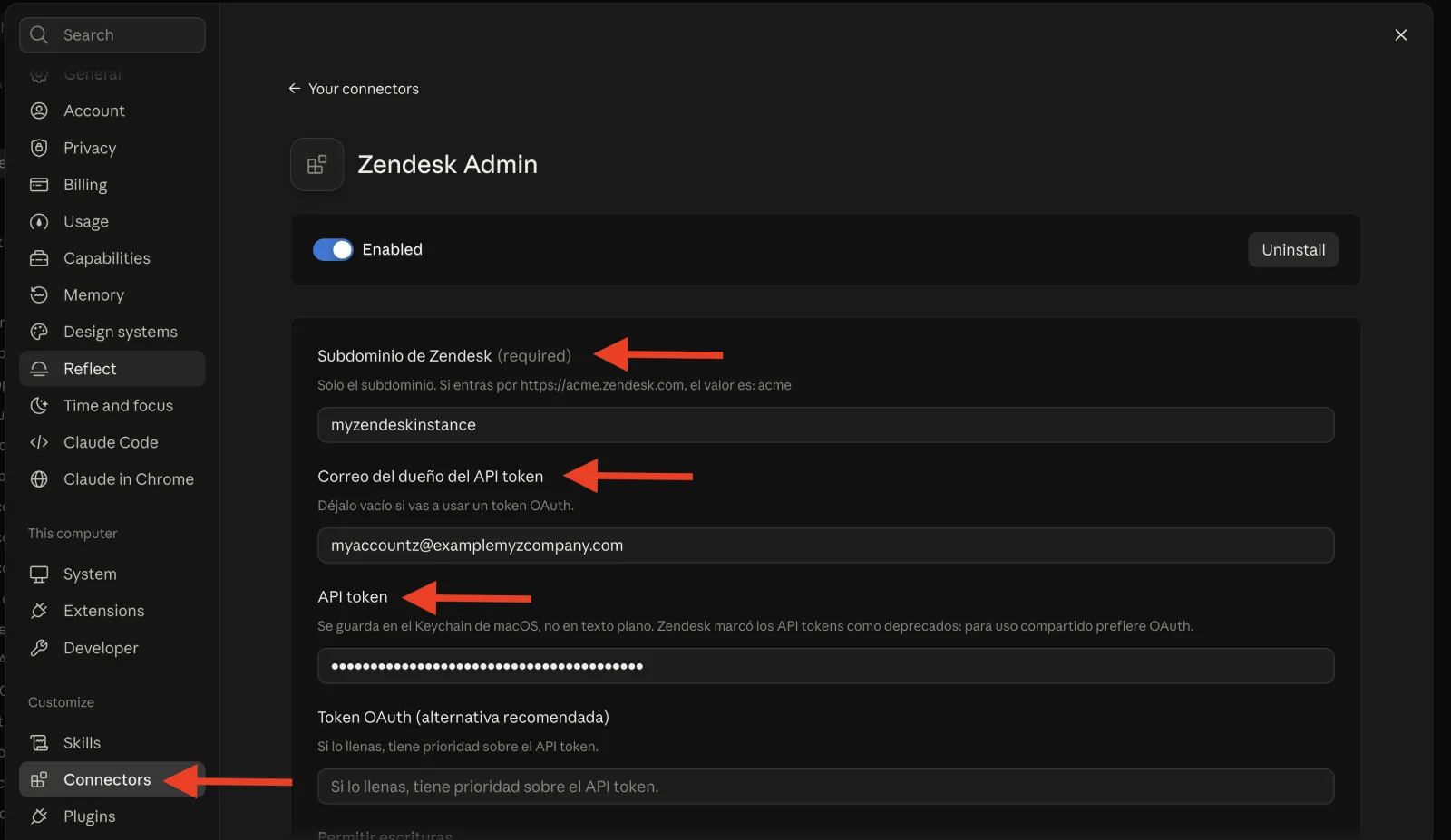 Configuration screen of the Zendesk Admin connector, with the subdomain, email and API token fields